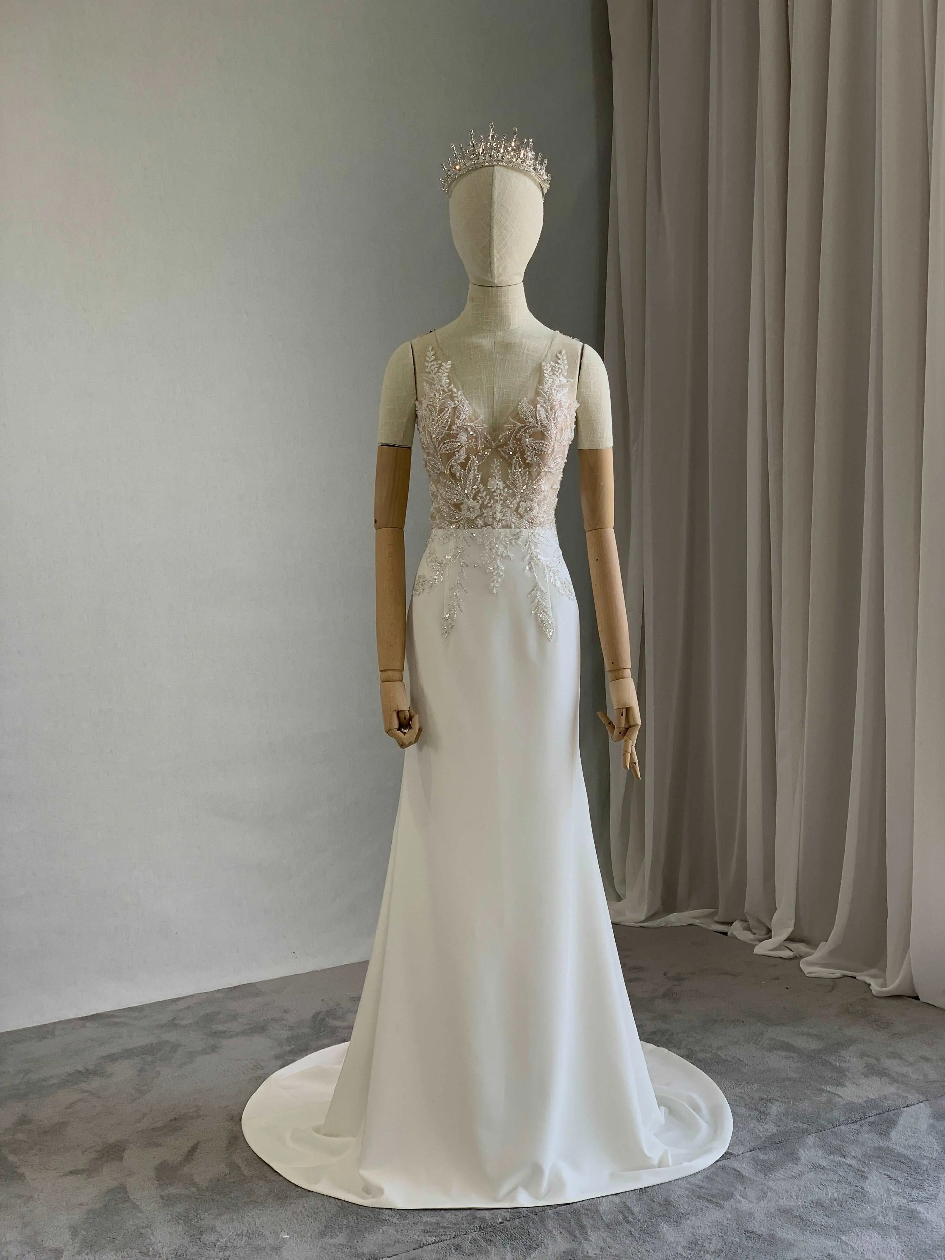 Women's Emma Fit & Flare Wedding Dress - Sleeveless Crepe Gown with Sheer Beaded Floral Bodice, Sweep Train, Light Ivory, Zip, Made to Order Color, Detachable Skirt, Sheer Bustier