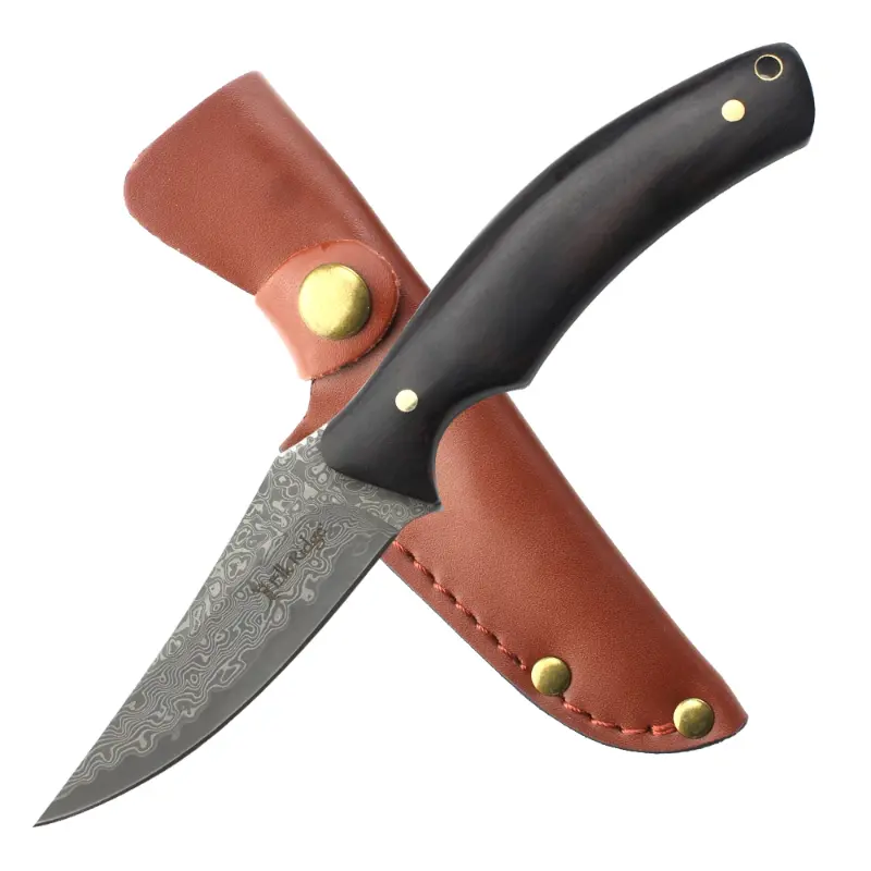 Elk Ridge Damascus Steel Fixed Blade Knife Wood Handle & Leather Sheath Outdoor Knife Gifts for Husband, Dad ER-FIX120DM