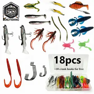 [Freeship]18 pcs Artificial Fishing Lure Kit/Gear Set, for Freshwater Saltwater, Fishing Lure Set with Pre-Rigged Jig Head Soft lures, Soft Plastic Worms, frog baits, soft shrimps/lobsters, minow, Crankbait Jigs and Fishing Hooks