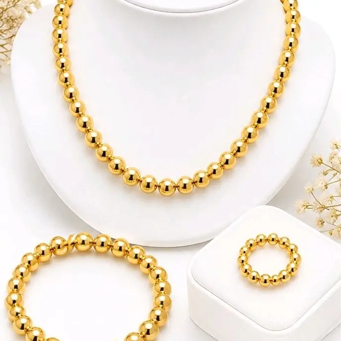 Women's Stainless Steel Beaded Jewelry Set - Necklace, Bracelet, Ring