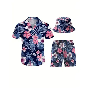 Men's 3pcs retro Outfit beach set, Tropical plants palm leaves and blooming flowers sportswear, Hawaiian sportswear set, shirt beach shorts and fisherman hat Bucket Hat