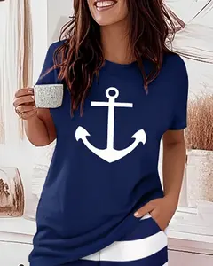 CHICME Women's 2-Piece Polyester Pajama Set - Everyday Short-Sleeve Round Neck Top with Anchor Print & Pockets, Striped Elastic Waist Shorts, Casual Sleepwear with Comfortable Fabric & Relaxed Fit