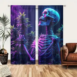2D 2Pcs Skeleton Colorful Skull Cannabis Plant Psychedelic Curtains, Home Decoration Curtain, Neon Blue Purple Weed Window Drapes, Modern Gothic Decor, Light Blocking Panel for Living Room Bedroom Home Office, Halloween Christmas Gift