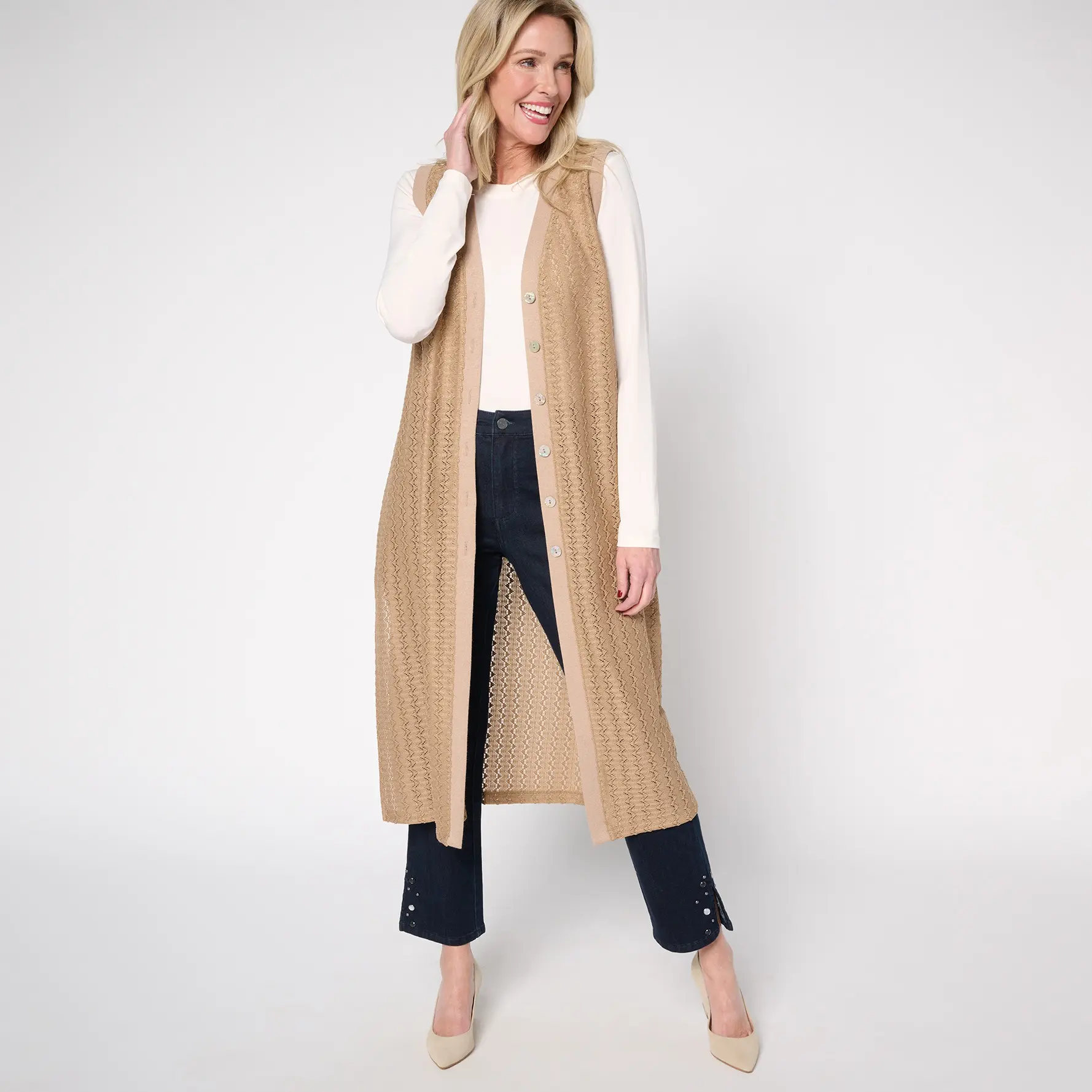 Dennis Basso Regular Textured Pointelle Duster Vest