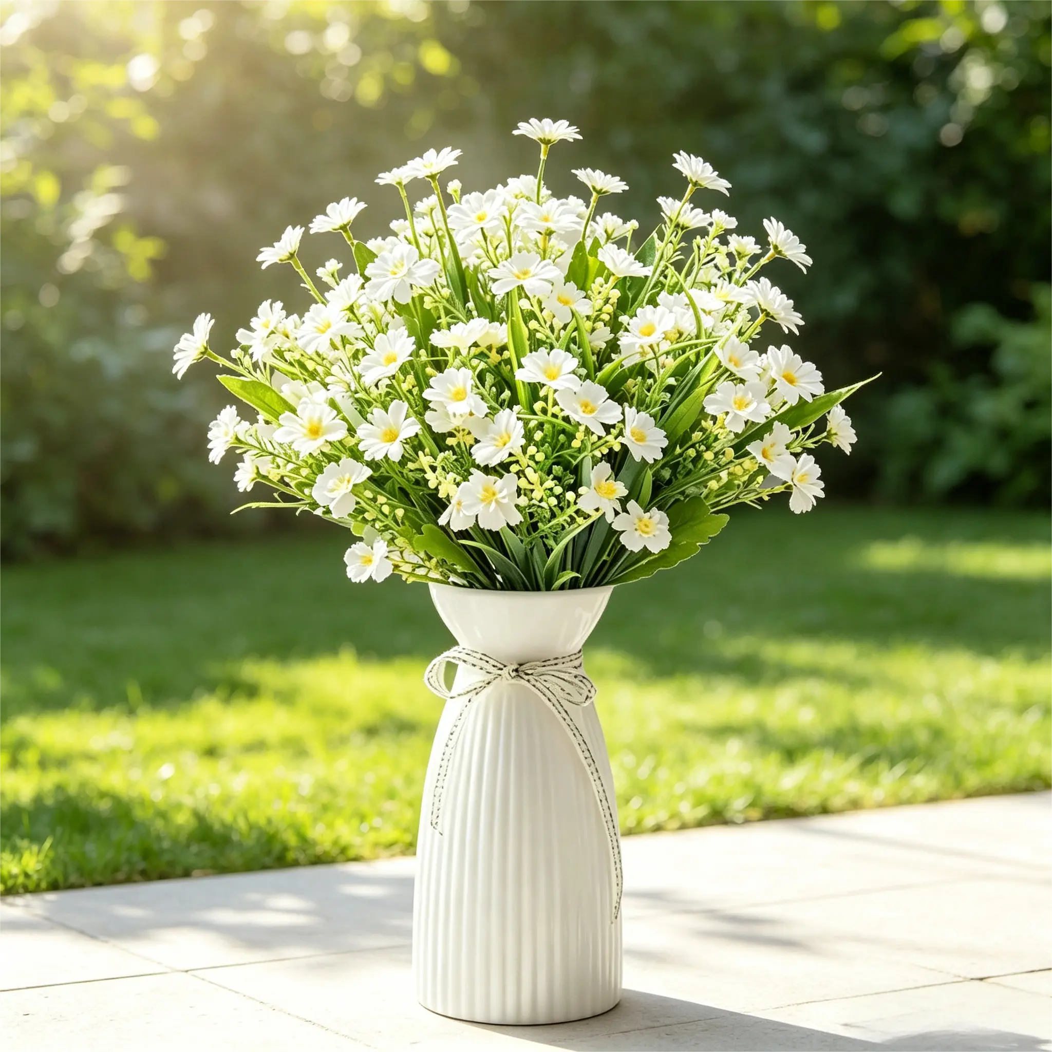 10Pcs UV-Resistant Artificial White Daisy Stems - Silk Marguerite Faux Flower Artificial Plant Set with Leaves, Carnival Black Friday Juneteenth Wedding Farmhouse Vase Home Decor