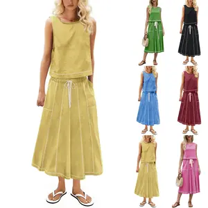 Mundoven Women’s 2 Piece Cotton Skirt Set Sleeveless Draped Tank Top Drawstring Midi Skirt Y2K Lounge Outfits