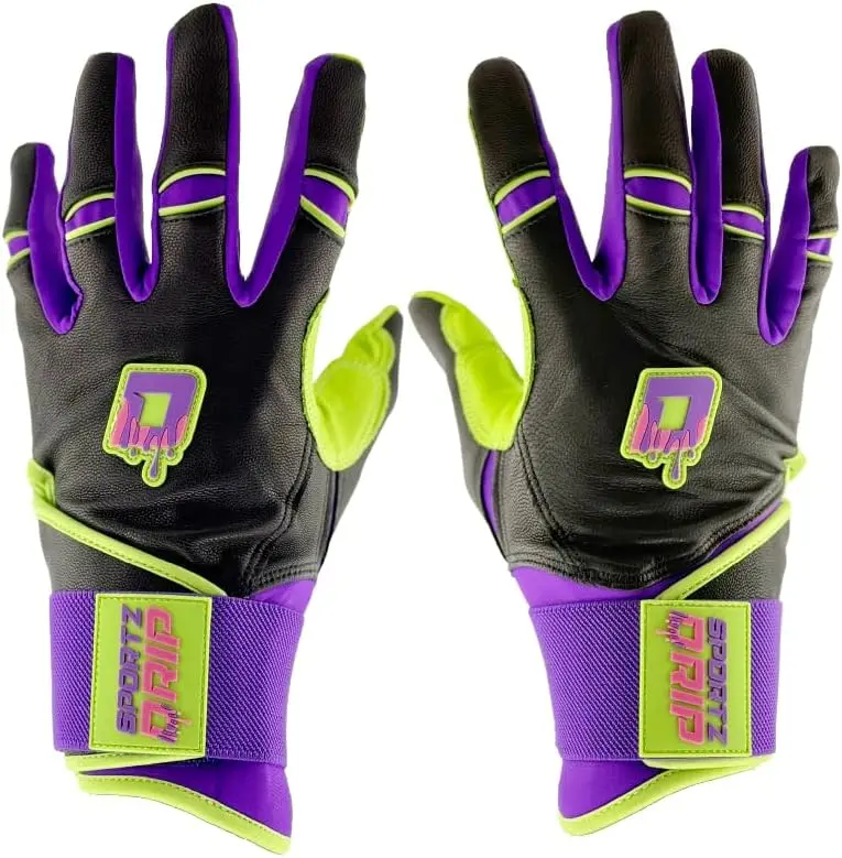 Sportz Drip Havoc Series Leather Batting Gloves, Purple & Green, for Youth & Adults, Breathable with Enhanced Grip and Adjustable Fit, for Baseball & Softball Practice Sessions, with Custom-Branded Storage Pouch, Multi Sizes, Adjustable Strap