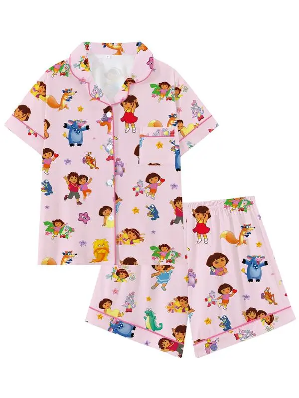 Y2K Cartoon Pajama Set for Women, 90s Retro Print Button Front Sleepwear, Short Sleeve PJ Top, Soft Lounge Shorts, Gift
