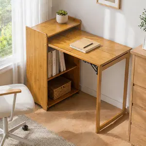 Bamboo Folding Desk,Easy fold Desk for Small Space, Computer Desk with Hidden Storage, Mid Century Foldable Table for Home Office and Bedroom, Durable Eco Bamboo Foldable Work Table with Storage Shelves,Space Saving Vanity Writing Desk for Apartment Dorm