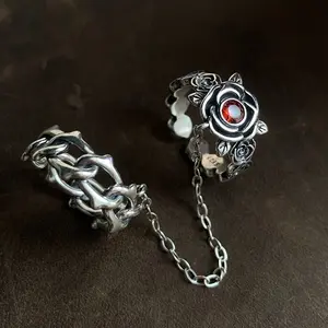 Retro Punk Style Thorn Rose Flower Chain Rings 2 Pieces Set for Women Personalized Trendy Holiday Party Jewelry Gifts