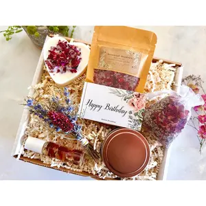 Happy Birthday Floral Spa Crystal Gift Box, Celebrating Self-Care Package, Organic Love and Support Basket, Wellness Stress Relief