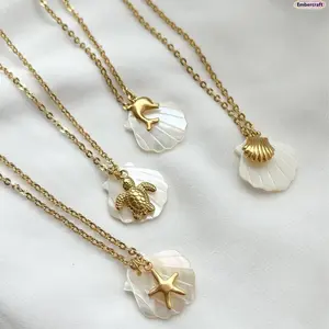 14K Gold Plated Starfish Necklace for Women, Coastal Ocean Beach Jewelry with Dolphin, Turtle & Shell Pendant Charms, Summer Vacation Aesthetic Necklace for Beach Trips, Resort Wear & Everyday Styling