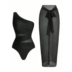 1-Shoulder 2-Piece Skirt Style Swimsuit Set, Quick Dry Mesh Skirt, Swimsuit Tie Bathing Design, Trendy Summer Sports & Outdoor Swimwear,summervibes