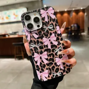 Bowknot Leopard Print Full Protection Phone Case, Shockproof Cover for iPhone 7 8 X XS XR 11 12 13 14 15 16 17 Pro Plus Promax