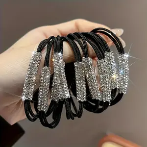10-Pack Elegant Black Glitter Elastic Hair Bands with Rhinestone Ponytail Holders, Non-Slip Sparkly Hair Accessories for Women, Plastic Elf-Themed, Hand Wash Only