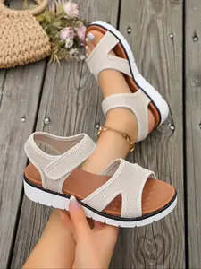 Women's Summer Sandals, Fashionable Wedge Heel Waterproof Thick Sole, PU Leather Upper, Magic Tape Design, Beach Slip-Ons