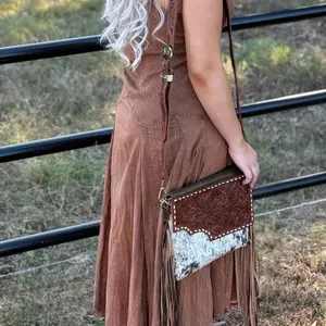 hand tooled leather and hairon crossbody