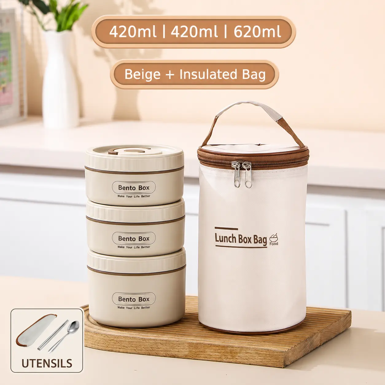 Stainless steel bento box set with insulated bag, portable insulated lunch box, 3 round stackable leakproof thermal food containers, microwave-safe lunch container set (420 ml and 620 ml) for adults, kids, office, school, travel, camping