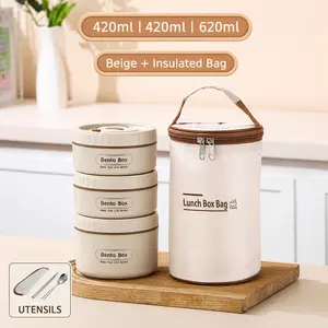 Stainless steel bento box set with insulated bag, portable insulated lunch box, 3 round stackable leakproof thermal food containers, microwave-safe lunch container set (420 ml and 620 ml) for adults, kids, office, school, travel, camping
