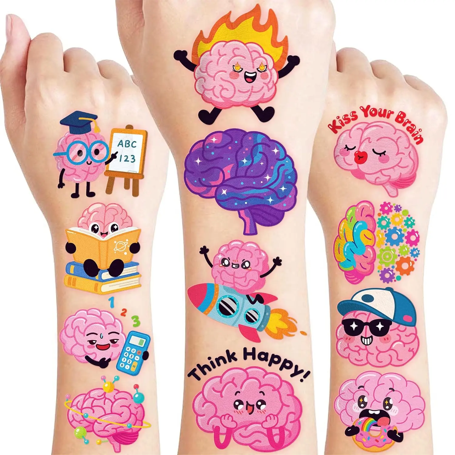 96 PCS Funny Brain Pre-Cut Temporary Tattoos for Kids | Super Cute Themed Birthday Party Favors, Supplies, Decorations, Cute Human Body Part Fake Tattoo Stickers, School Rewards Gifts For Boys Girls
