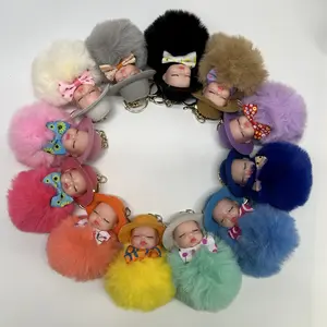 Colorful Cooper Handmade Fluffy Baby Keychain - 3.9 Inch Height, Cute Baby with hat and bowtie, Solid Color, Ideal for Gifts and Home Decor