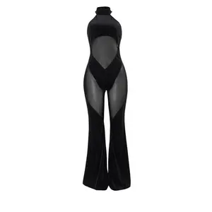 Women’s transparent flared pants, off-shoulder round-neck jumpsuit, summer solid-color sleeveless low-waist jumpsuit, party club fashionable women’s clothing GARMENTARY