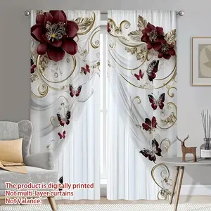 Butterfly Rose Print Curtains, 2 Piece Modern Rod Pocket Design, Durable Polyester Fabric, Suitable for Living Room and Bedroom, Home Decor