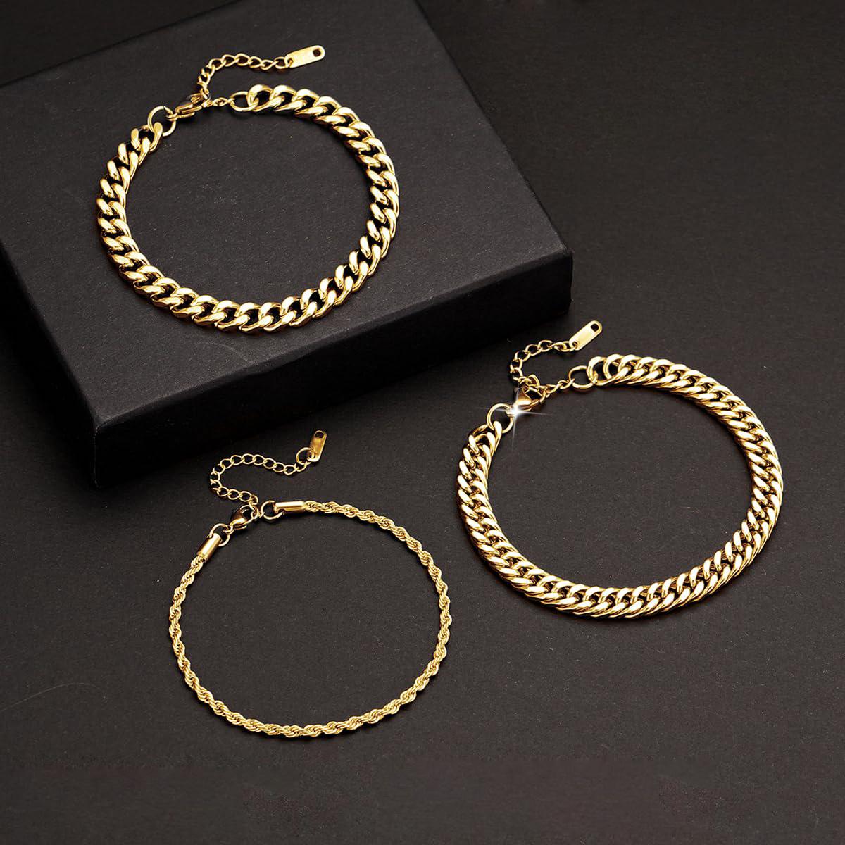 3Pcs Stainless Steel Bracelets for Men, Gold/Silver Mens Chain Bracelet 7.8 Inches Mens Stainless Steel Cuban Link Bracelets Set