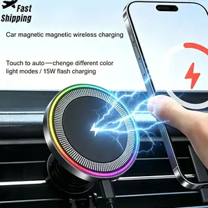 RGB Light Car Magnetic Wireless Charger Phone Holder Air Vent Stand For Magsafe iPhone 16 15 14 13 12 Pro Max Fast Charging Dock
