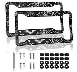 2PCS Spider License Plate Frames, 4 Holes Stainless Steel Car Licence Plate Covers with Screws Washers and Caps, Halloween Car Exterior Accessories, License Plate Holder for US Vehicles