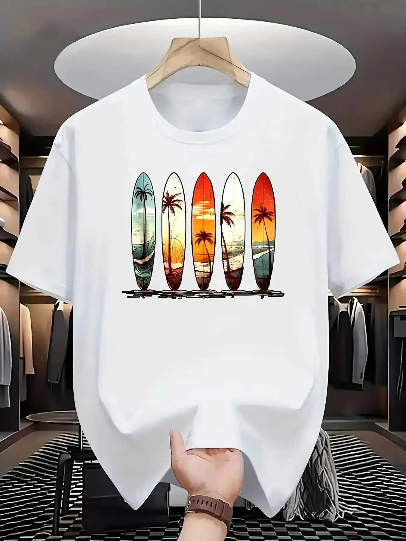 100% Cotton Retro Surf T-Shirt with 5-Panel Vertical Surfboard & Tropical Beach Scenes - Hawaiian Palm Tree Sunset Print, Short Sleeve Casual Summer Shirt for Surfing, Beachwear, Vacation Outfits (Machine Washable)
