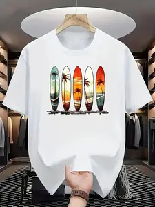 100% Cotton Retro Surf T-Shirt with 5-Panel Vertical Surfboard & Tropical Beach Scenes - Hawaiian Palm Tree Sunset Print, Short Sleeve Casual Summer Shirt for Surfing, Beachwear, Vacation Outfits (Machine Washable)