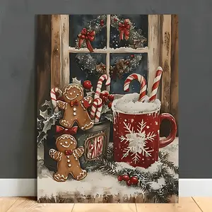 1pc - Canvas painting - Christmas gingerbread and candy cane wall art piece, with snow scene window, red mug and holly fruit - Durable fabric, wrap-around canvas frame - Suitable for family, kitchen, living room's holiday winter decorations - Ready