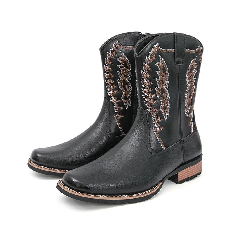 Men's West Wind Resilient Western Boots, Wide Square Toe Cowboy Leather Boots with Snow Feathers Embroidery, Anti-Slip Soft Firm Soles, Classic Western Fashion Footwear for Work, Riding & Daily Walking,mid-calf men,holiday boots