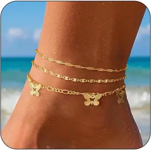 Waterproof Gold Ankle Bracelets for Women - Dainty 6Pcs 14K Gold Plated Anklets Layered Cuban Link Chain Herringbone Cute Anklets Set Pack Summer Beach Jewelry Gift for Women Teen