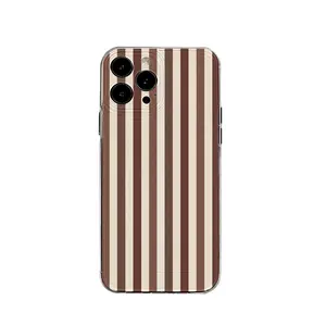 Brown Beige Vertical Stripe Phone Case， Retro Minimalist Aesthetic Cozy Style， Shockproof Matte Antifall Durable Back Cover For iPhone17Air 16e 15 14 13mini 12mini 11 Pro Max X XR XSMAX 8 7 Plus， For Trendy Youth And Office Workers, Accessories
