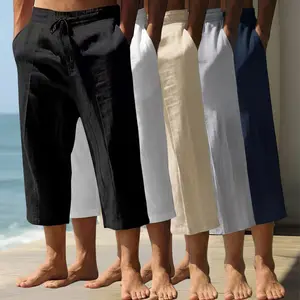 3-pack men’s summer Lyocell casual fashion drawstring straight-leg shorts (7/8 length); solid color shorts suitable for couples; minimalist and versatile; includes linen material; ideal for vacations and everyday wear.