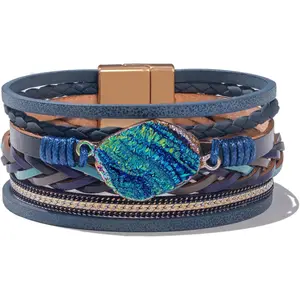 Braided Leather Bangle Bracelets Boho  Stone Wrap Bracelets Stackable Cuff Bracelets with  Clasp for Women