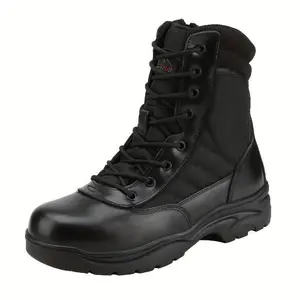 Men’s tactical work boots with side zipper, leather motorcycle combat footwear, lace-up walking shoes for boys, closed-toe comfort rubber boots