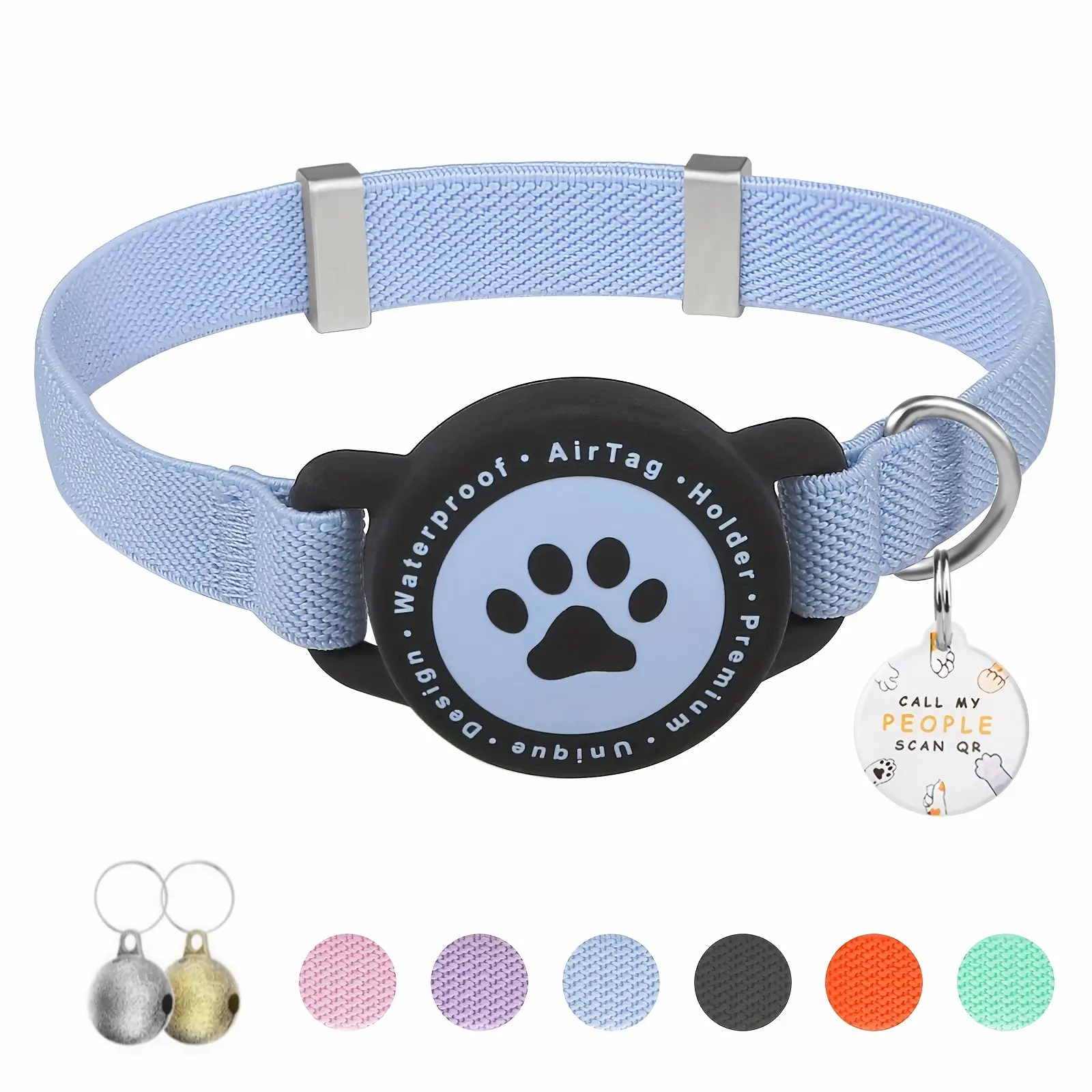 Compatible for Cats & Small Dogs Collar with AirTag Holder & QR ID Tag - Lightweight Elastic Pet Collar, Bell Collar Compatible for Tracking App (AirTag Not Included), Scratch-Resistant, Multi-Color Options (7.5-12.5 Inches)