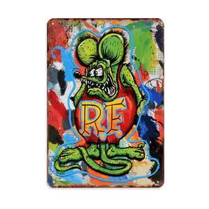 WSTKJW Rat Fink Metal Sign Vintage Home Garage Retro Wall Art Chic Man Cave Room Decor