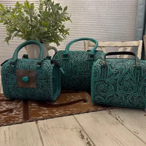 Turquoise Floral Tooled Leather Speedy Bag with Detachable Strap & Top Handle Elegant Hand Tooled Design Zipper Closure