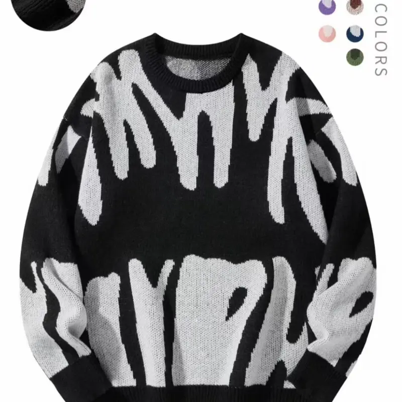 Men's Fitted Casual Pullover - Round Neck Long-Sleeve Polyester Knitwear, Unique Graffiti Art Pattern, Streetwear Top, Unique Pattern