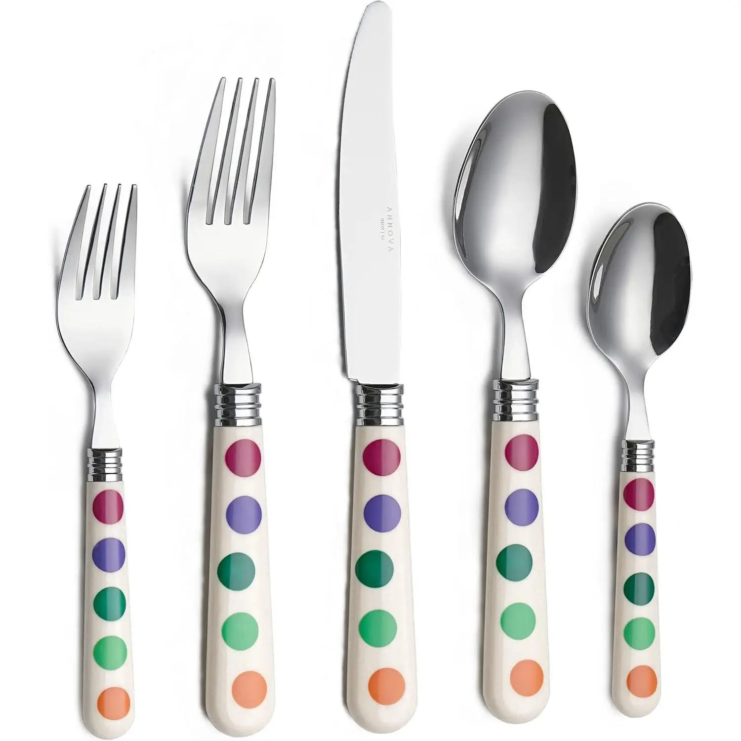 Silverware Set 20 Pieces Cutlery Stainless Steel Colorful Fun Handle Flatware Service for 4 - Dinner Knife, Dinner Fork, Salad Fork, Dinner Spoon, Dessert Spoon (Puka Dots)