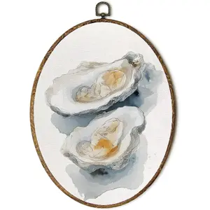 EGVQK Coastal Oyster Oval Wall Art, Rustic Beach Framed Canvas Prints Wall Art, Neutral Oyster Shell Ocean Oval Canvas Hanging Wall Decor for Home Bedroom