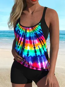 Plus Size Two-Piece Tankini Set, Tankini Top, Trendy European Style, Conservative Belly Coverage, Slimming Print Swimsuit for Beach Vacation Women, Tankini Swimwear Set, Tankini Bathing Suits