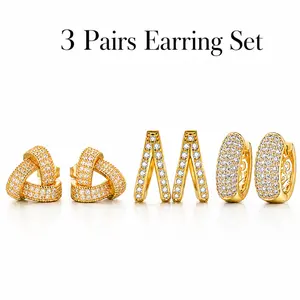 3PCS Vintage Geometric Full-Diamond Earrings for Women DDES0905 Fashionable Commuting Trendy Three-Dimensional Textured Triangle Earrings