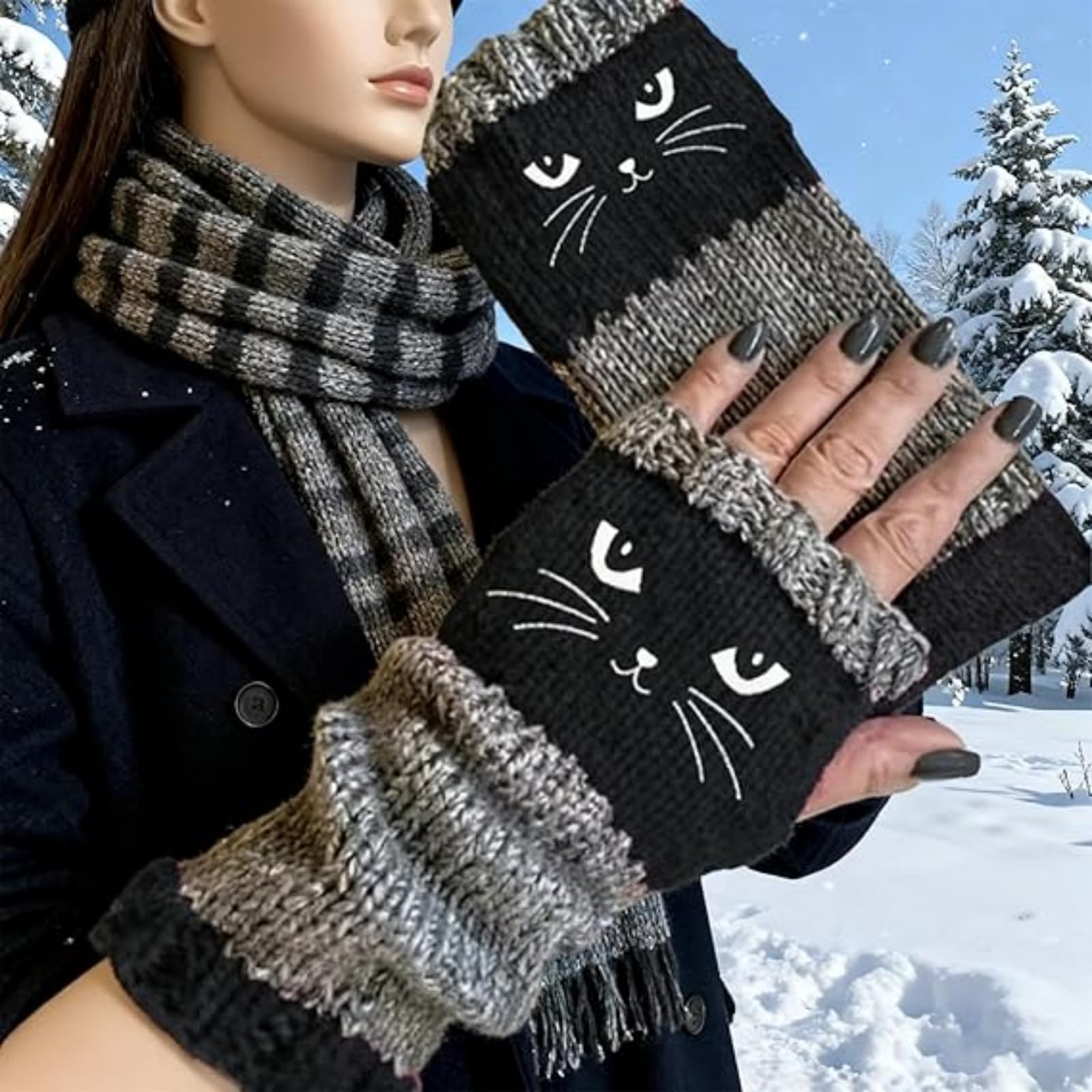 【Buy One Get One Free】Women's knitted fingerless gloves with cute cat embroidery pattern - comfortable and fashionable gloves suitable for casual spring wear