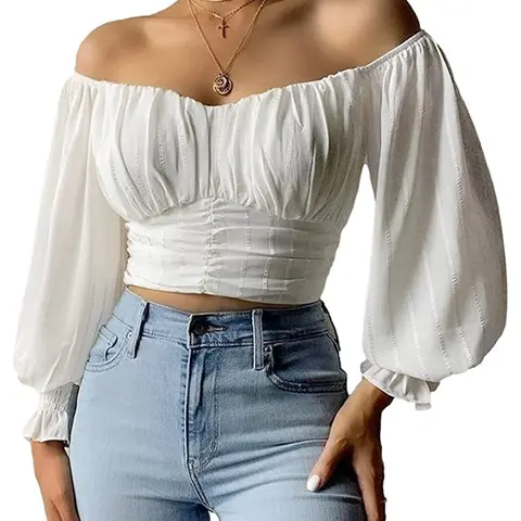 PiePieBuy Women's Off-Shoulder Striped Crop Blouse - Rayon Crop Top, Long Lantern Puff Sleeves, Backless Ruched Tie-Back, Zipper Closure, High Waist-Friendly, Soft Minimalist Boho, Lace Accent, for Evening Party Beach Outfits, Hang to Dry