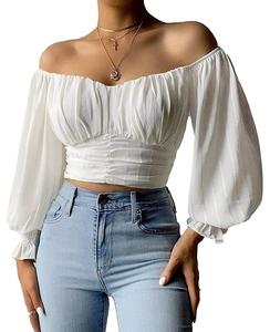 PiePieBuy Women's Off Shoulder Striped Puff Sleeve Zipper Ruched Tie Back Crop Top Lantern Sleeve Boho Shirt Blouse Fitted Basic Top Minimalist Soft Short Y2k Light Fashion Outfits Casual Tops